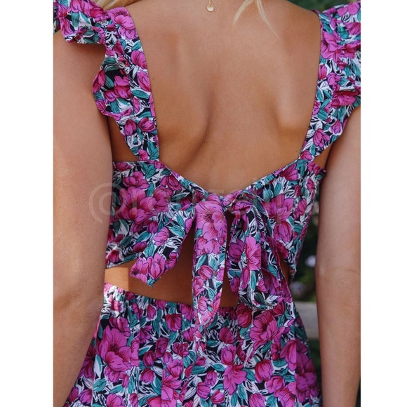 Floral Print Mini Dress Ruffle Detail Tie Back Fuchsia Green White - Picture 4 of 16